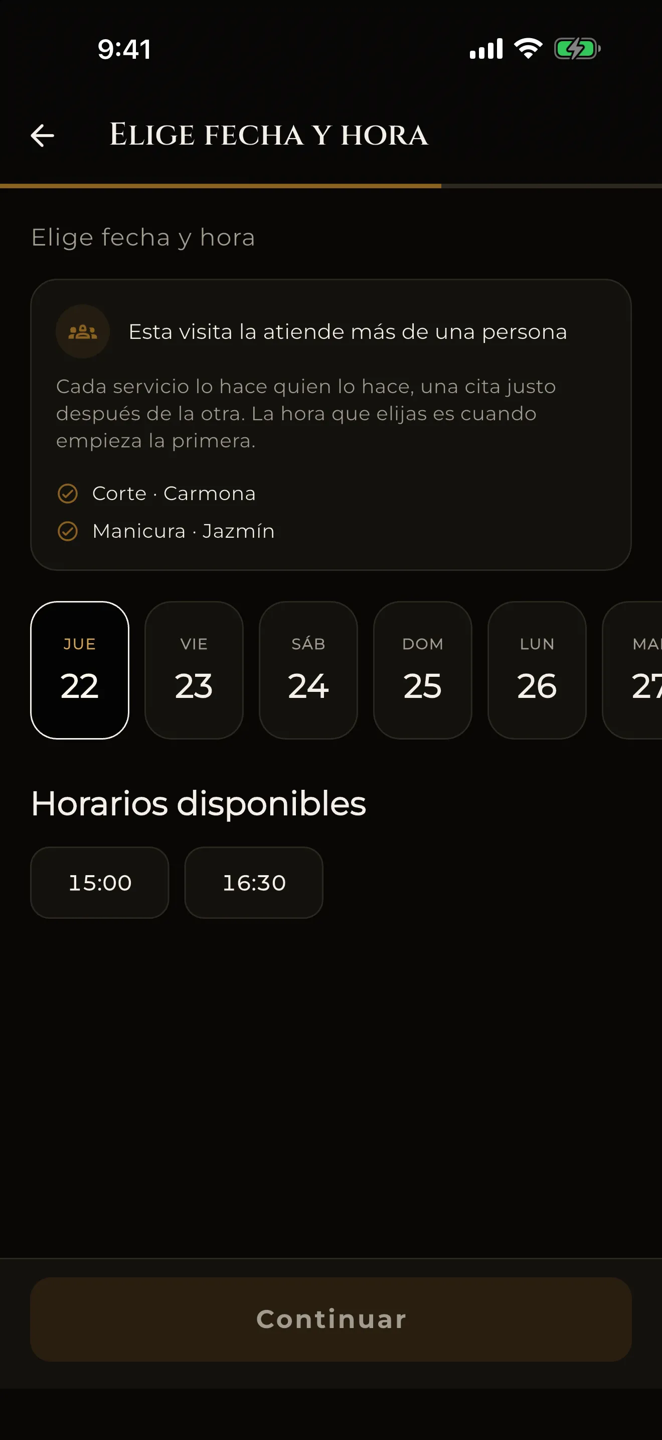 Pantalla de la app de Carmona: solo horas que de verdad están libres