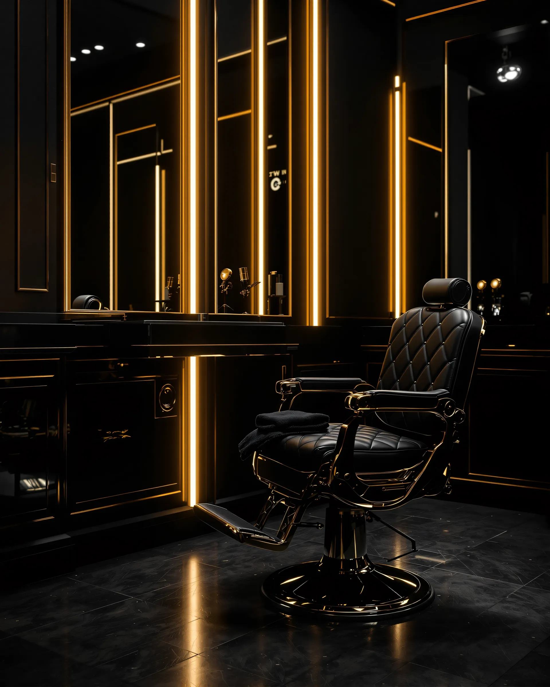 El lounge de Carmona: sillón de barbero de cuero negro entre espejos con luz dorada